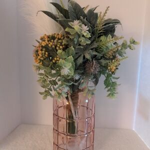 Elegant Pink Vase with Green and Yellow Faux Floral Arrangement